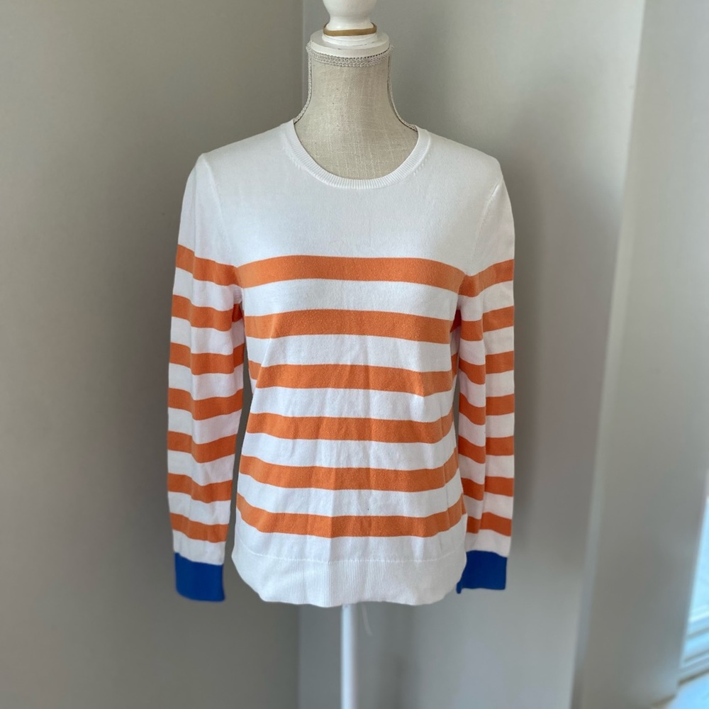 Brooks Brothers White.& Orange Stripes Cotton Sweater w Royal Blue Cuffs